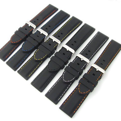 Flexible Silicone Watch Strap Black Coloured Contrast Stitching 18mm
