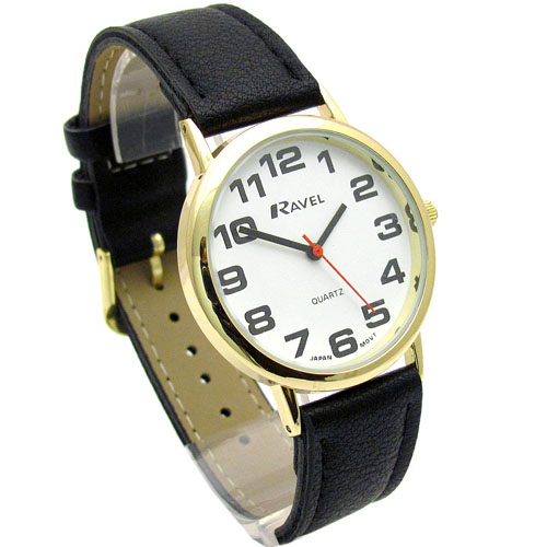 Ravel Mens SuperClear Easy Read Quartz Watch Black Strap White Face