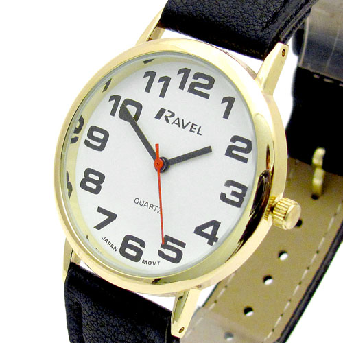 Ravel Mens SuperClear Easy Read Quartz Watch Black Strap White Face