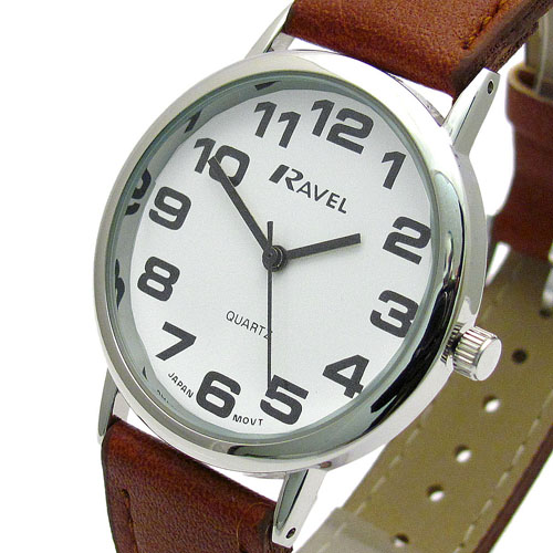 Ravel Mens SuperClear Easy Read Quartz Watch Brown Strap White Face