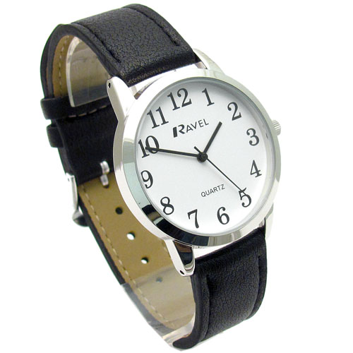 Ravel Mens Super-Clear Easy Read Quartz Watch Black Strap White - Main Image