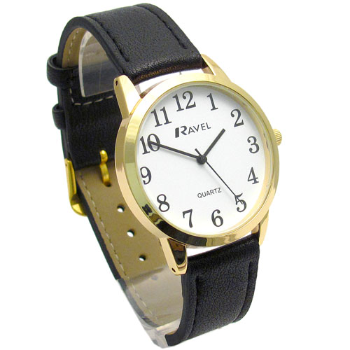 Ravel Mens SuperClear Easy Read Quartz Watch Black Strap White Face